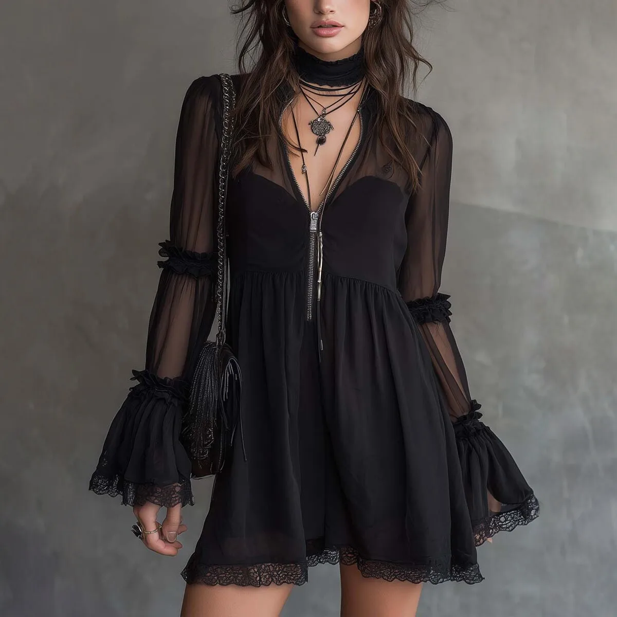 

European And American Style Zipper Tulle Women Mini Dress Elegant Stand-Up Collar Long Sleeve See Through Lace Patchwork Dress