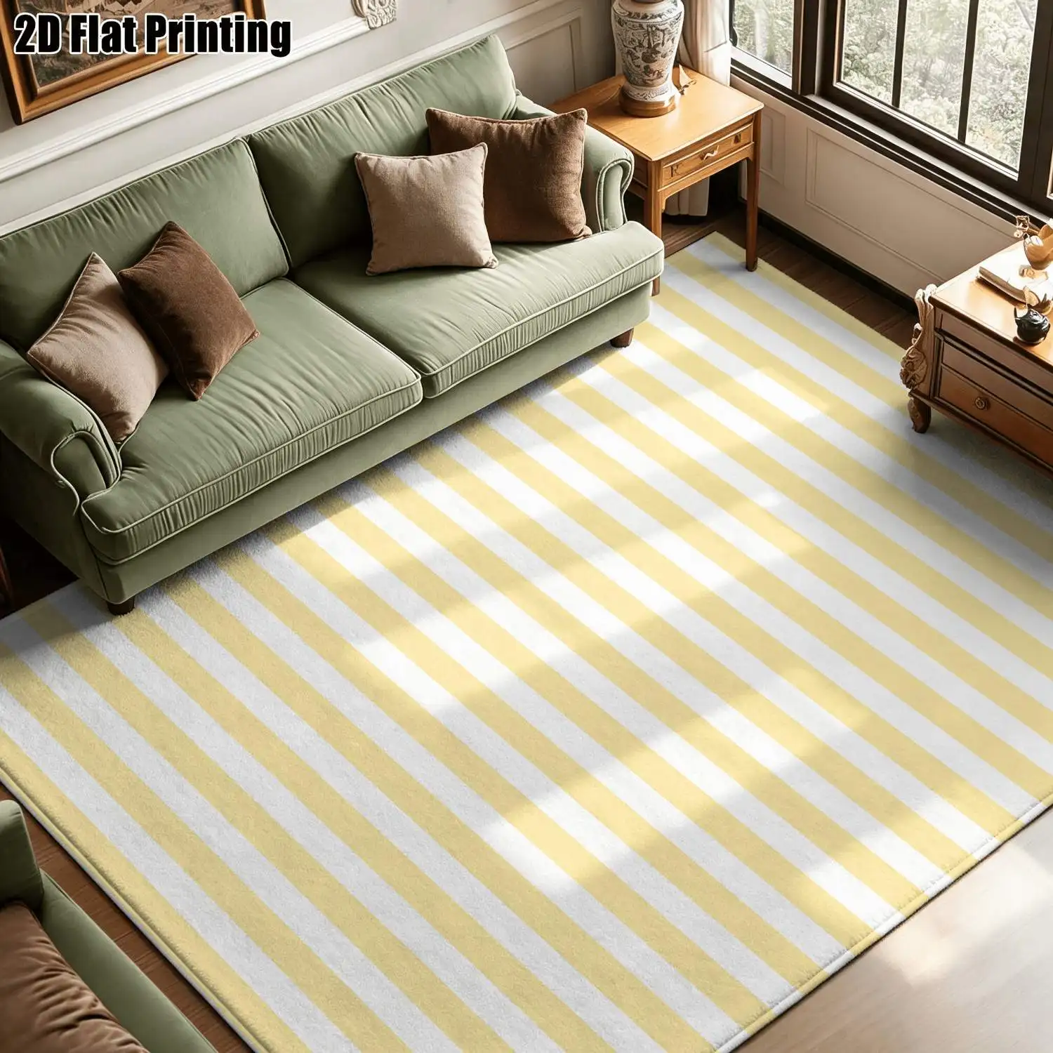 1Pc 2D Printed Yellow Striped Geometric Nordic/Instagram Style Minimalist Carpet, Machine Washable, Multi-Size, Home Decor Mat for Entrance, Dining, Foyer, Bedroom, Living Room