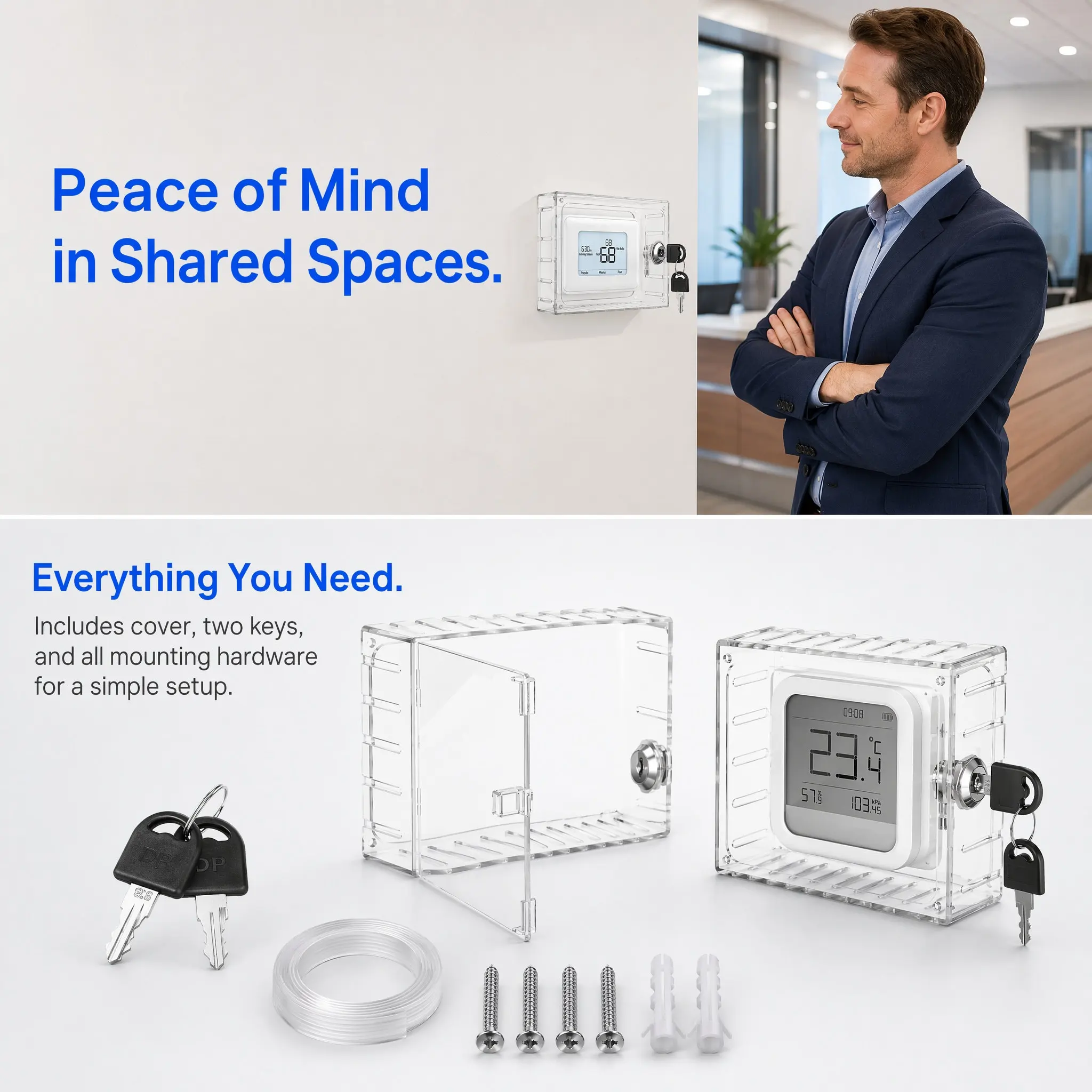 Thermostat Cover Lock Box with Key Transparent Thermostat Guard Case Wall Mounted Replacement Lockable Clear Box