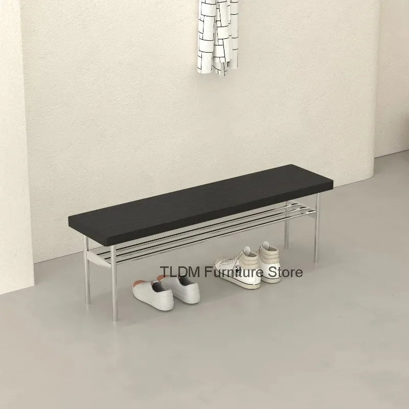 Nordic Style Solid Wood Top Shoe Bench Polished Metal Slatted Lower Storage Rack Minimalist Entryway Stool for Hallway Bedroom