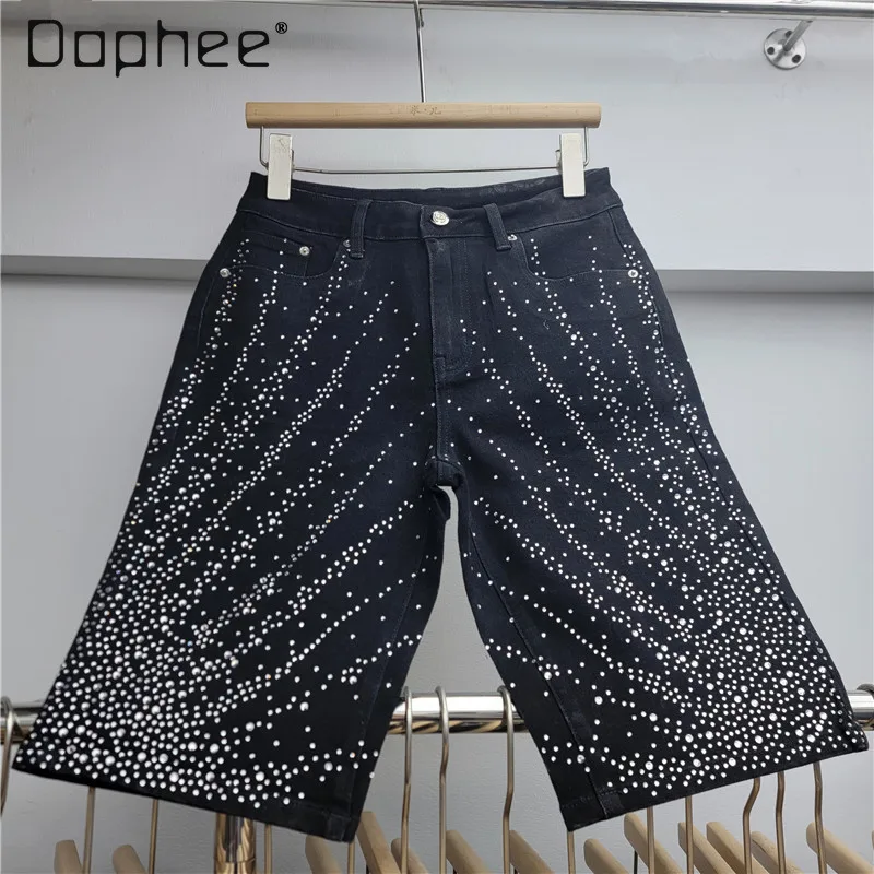 

American High Street Beaded Rhinestone Denim Cropped Pants for Women Unique Trendy High-waisted Slimming Straight Pants Spring