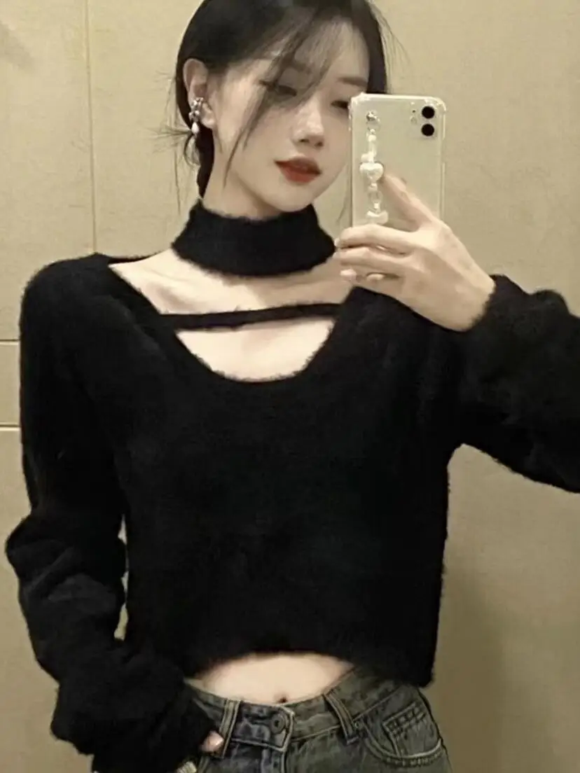 

Sexy ort Knitted Sweater Ne Hanging Design Women's Faion Slim Fit Warmth Base Layer Top Spring Autumn New Sle