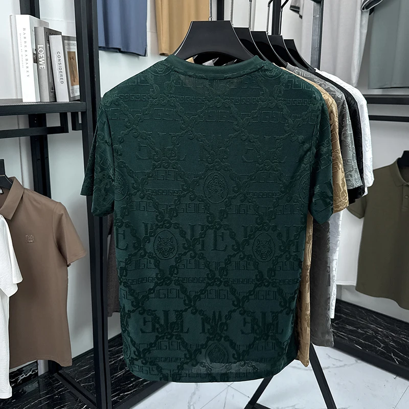Herren-Oberteil aus dünnem Eisseide-Mesh mit kurzem Arm, durchgehendem Kettenmuster-Jacquard, schmalem, elastischem Rundhalsausschnitt, für Business, Alltag und Freizeit. – Detail 9