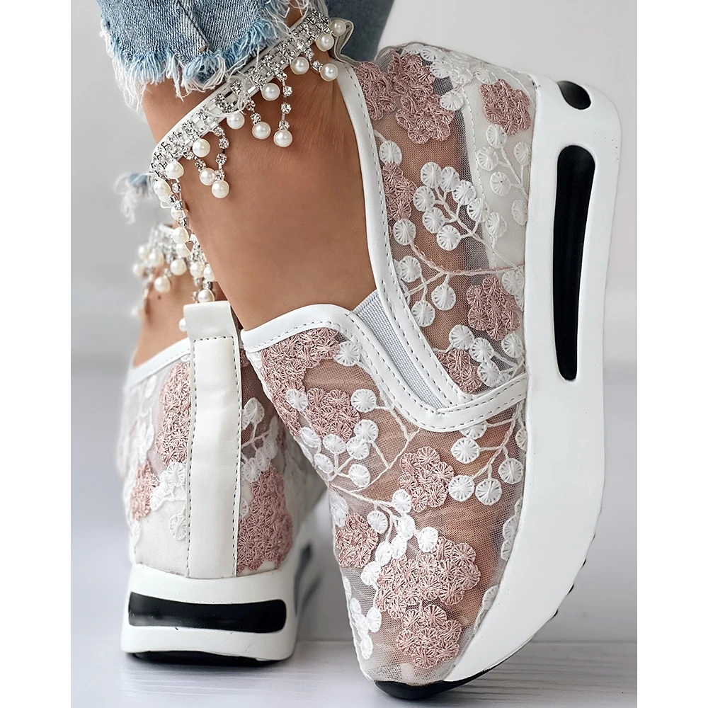 Women Floral Embroidery Sheer Mesh Round Toe Sneakers Autumn Women Casual Daily Platform Shoes Korean Style Spring Summer