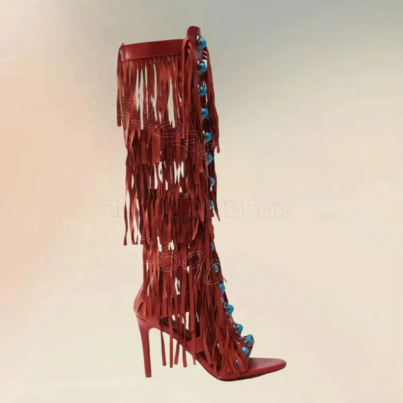 

Metal Beads Red Tassels Open Toe Sandals Boots Back Zipper Women Shoes Thin High Heels Party Banquet 2025 Zapatos Para Mujere