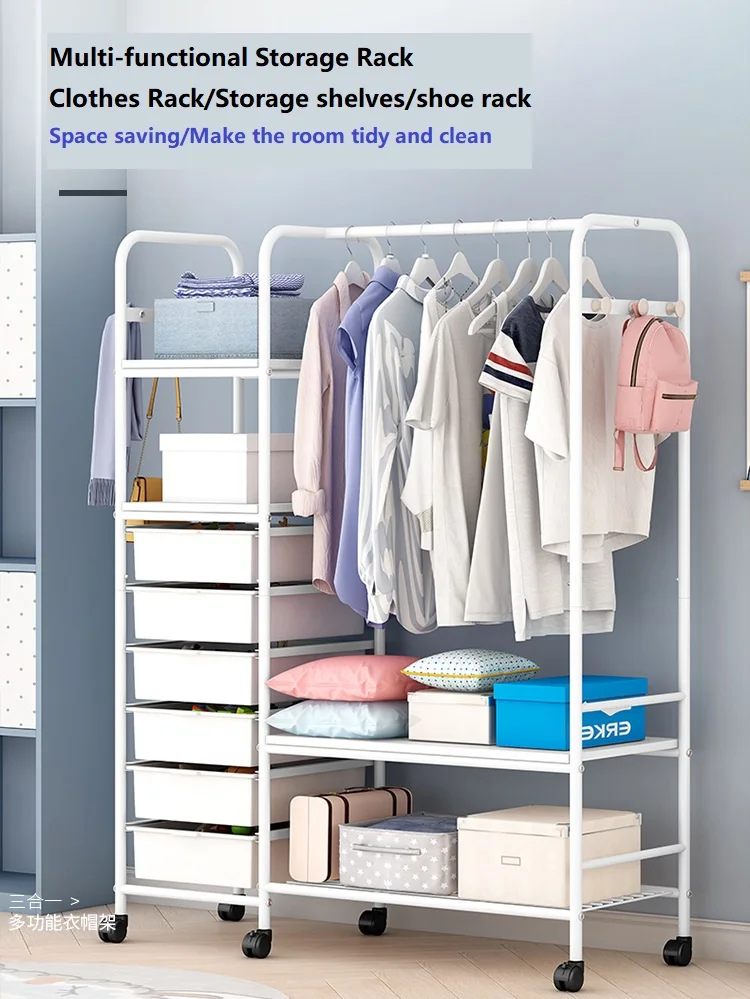 

Formwell-Clothes Rack with Storage Shelves, Free Standing with Wheels, Extra Storage Box for Free, Iron Material in White