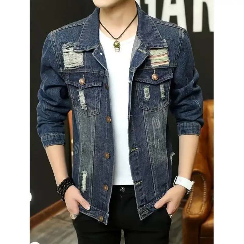 

Повседневная мужская джинсовая куртка Jaet New Sle Cross-Border Turn-Up Sve V-Ne ort Length с застежкой на талии для среднего возраста и ли