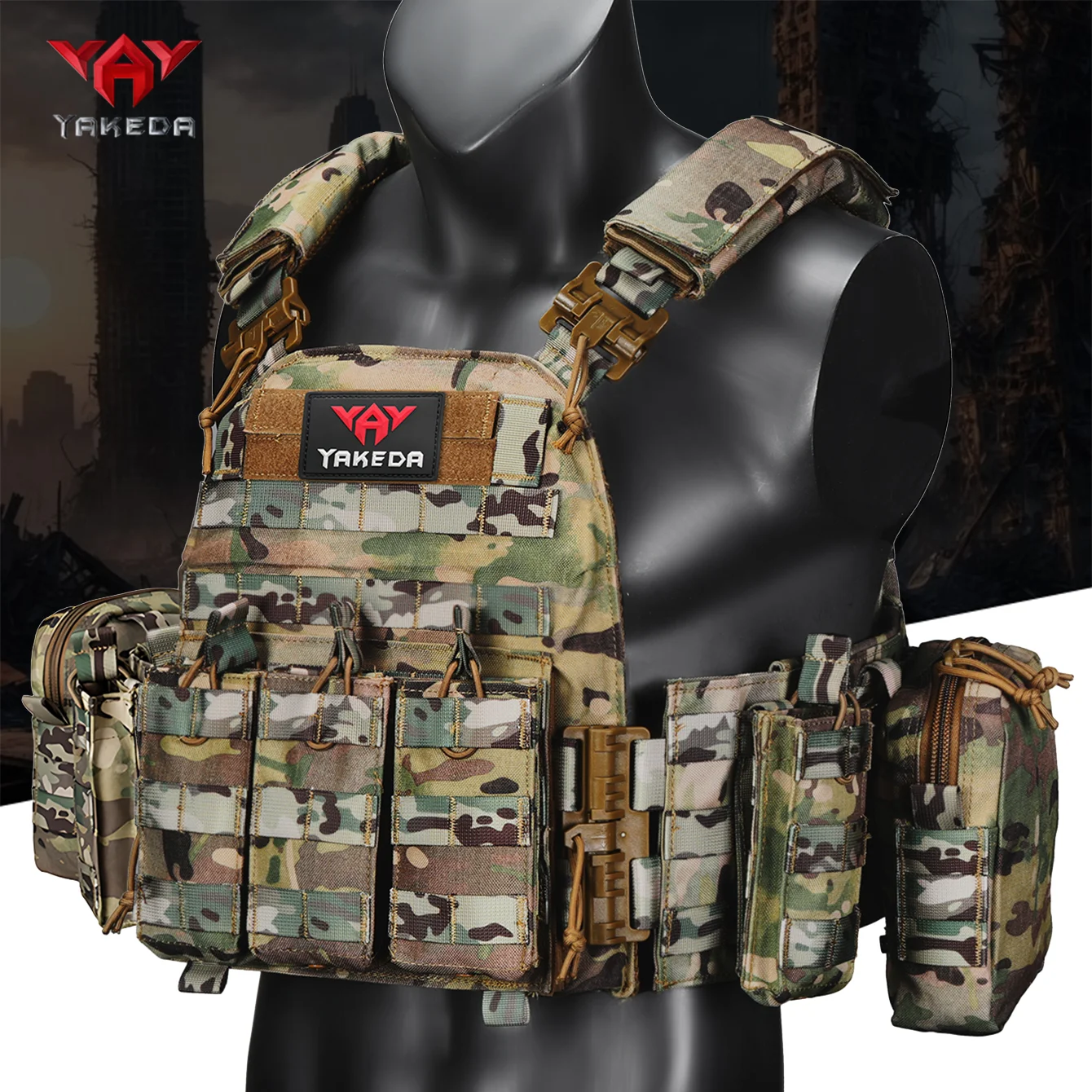 

YAKEDA quick-release three-in-one equipment bag hunting vest with six-piece accessory set, detachable and expandable.