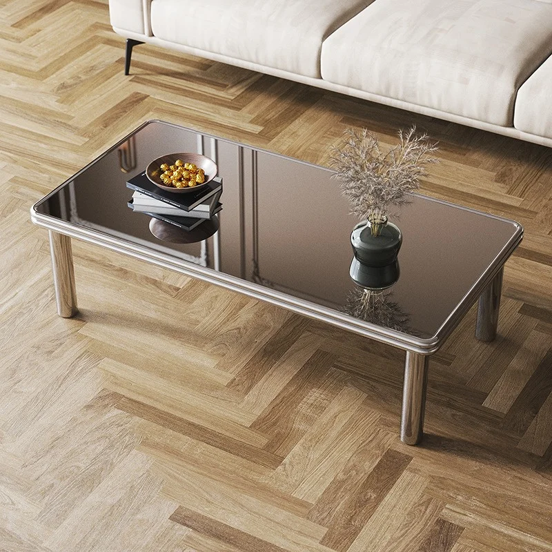 Rectangular retro coffee table stainless steel legs black brown glass