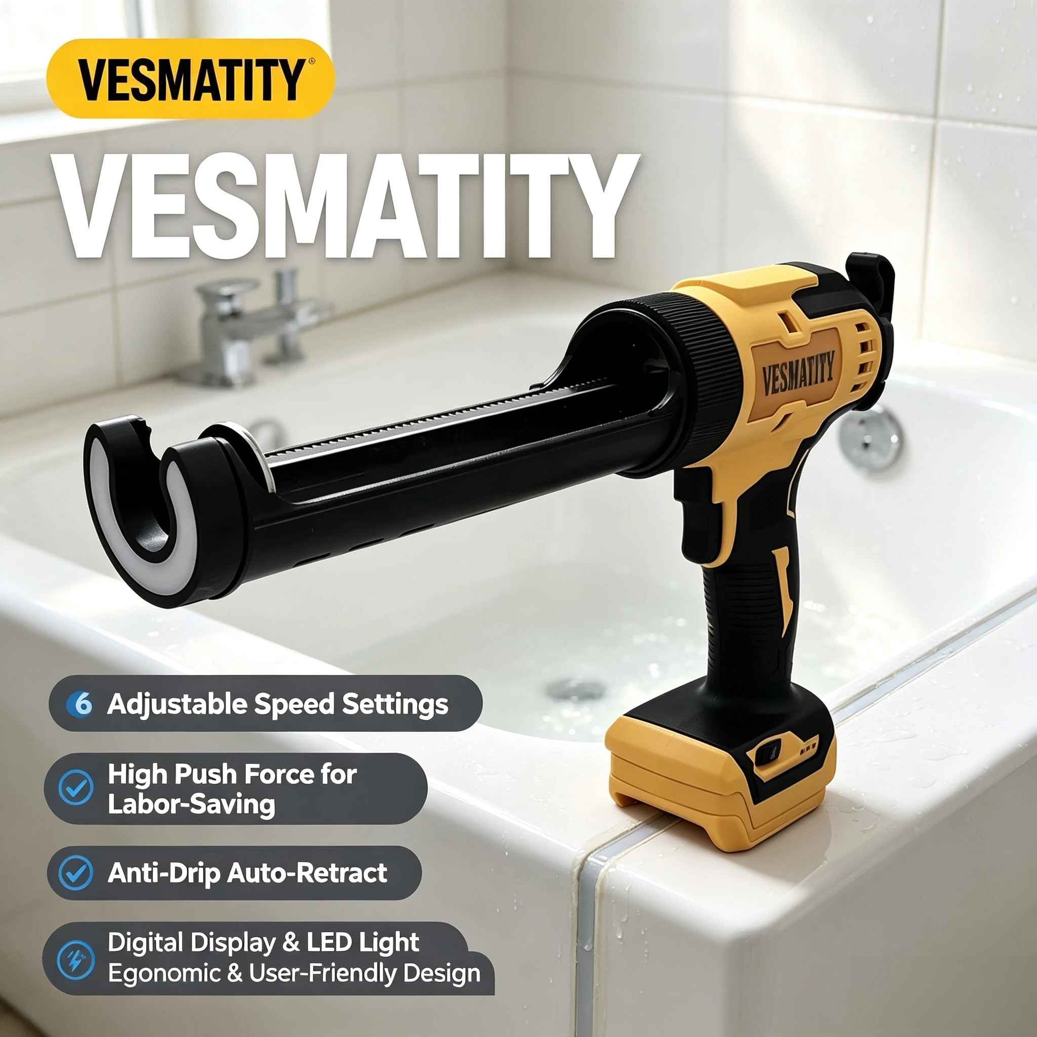 Vesmatity 6 Speed Caulking Gun Cordless Electric Adjustable Doors Windows Glass Sealant Adhesive Glue Tool 18V 20V Battery