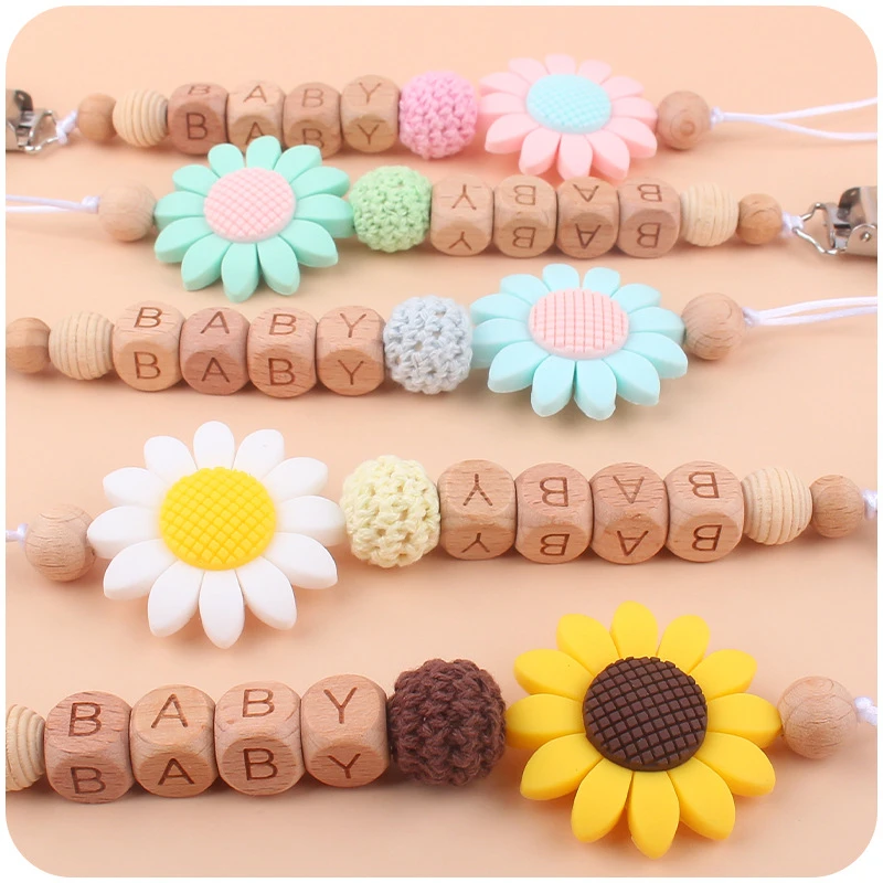 Ins Personalized Name Baby Pacifier Clips Flower Silicone Beads Teethers Dummy Nipple Holder Clip Newborn Teething Toys BPA Free