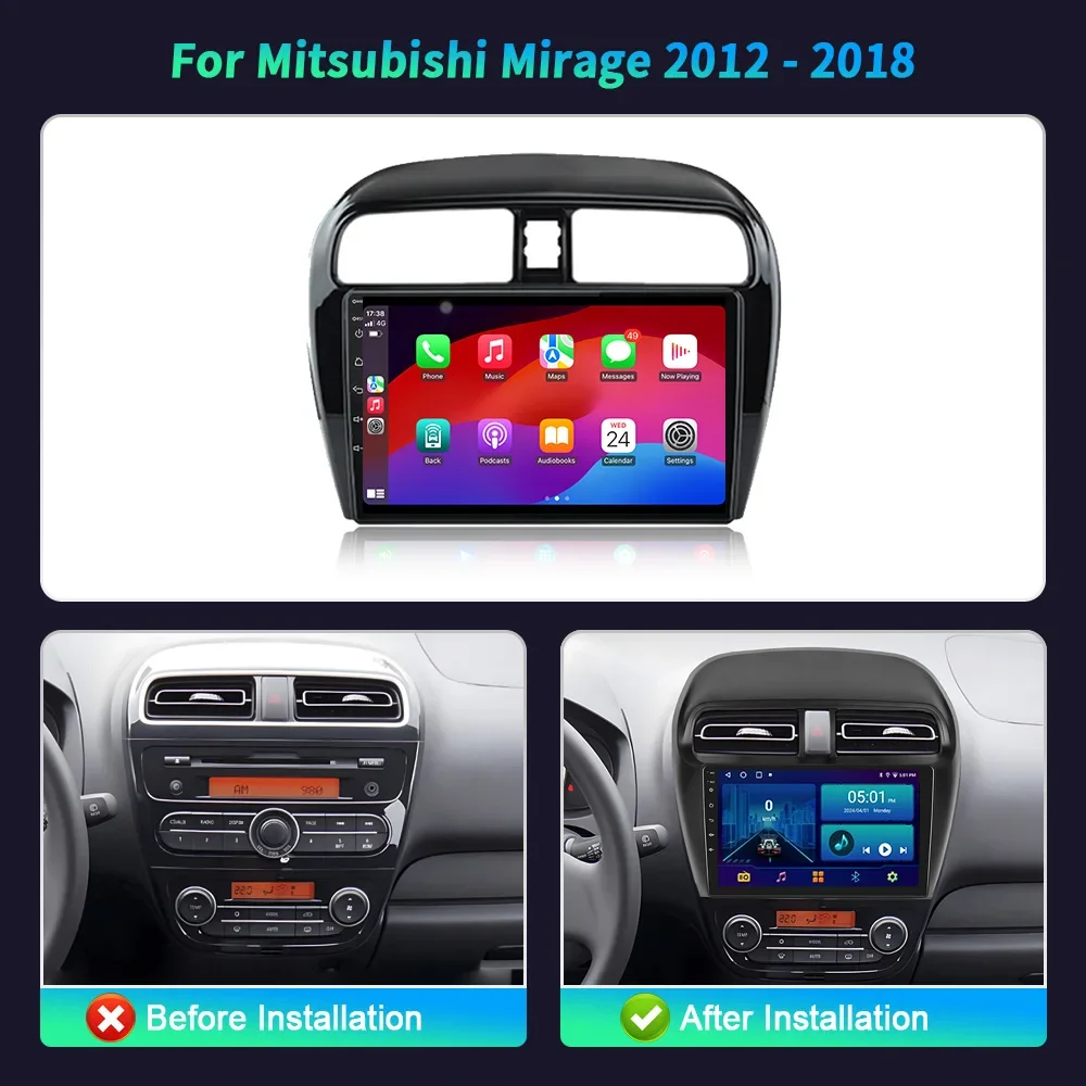 For Mitsubishi Mirage 2012-2018 Car Radio Multimedia Video Player Navigation 4G GPS Android 14 Wireless BT Carplay Touch Screen