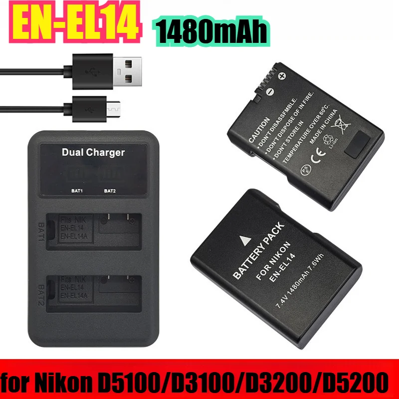 1480mAh EN-EL14 Replacement Battery & Dual USB Charger with LCD Display for Nikon D5100/D3100/D3200/D5200 Digital Cameras