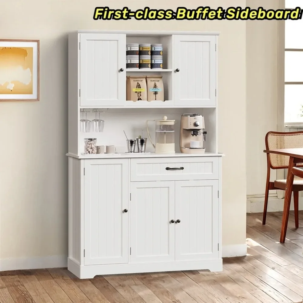 

67" Kitchen Pantry Cabinet with Doors and Shelves, Modern Buffet Cabinet with Microwave Stand, White