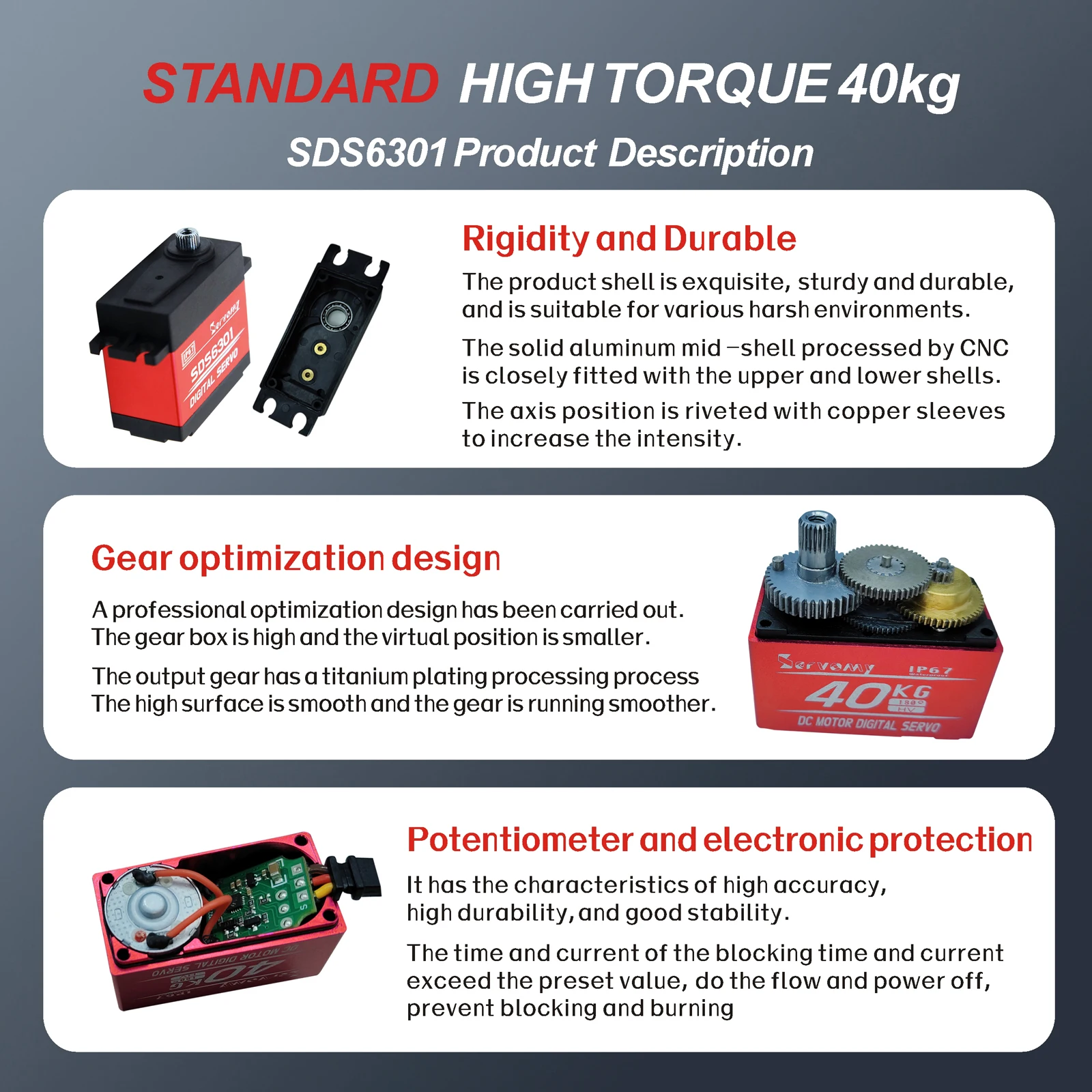 SERVOMY SDS6301 40KG 8.4V デジタルサーボ IP67 防水メタルギア＆アーム 180 °   MG996R RC カーロボット用 RC サーボモーター交換品