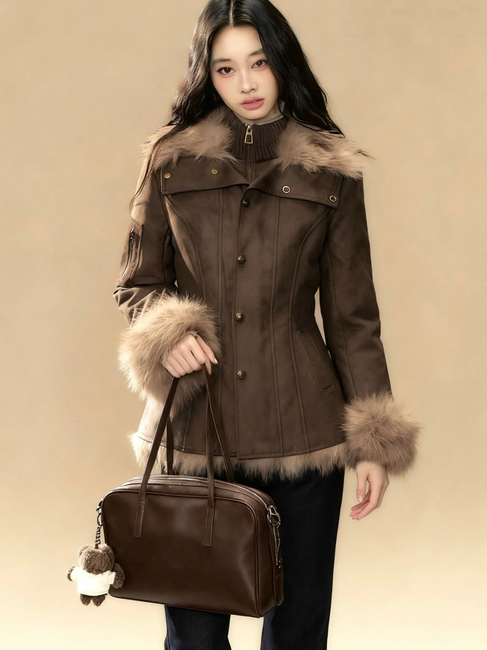 

Винтажное коричневое короткое пальто с воротником из искусственного меха, женская зимняя толстая теплая куртка из искусственного меха