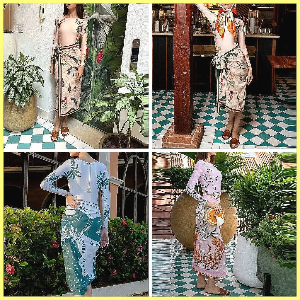 Traje de baño de verano de 2 piezas: conjunto de body de manga larga y falda, estampado, ajustado, para playa (Personajes: 78)