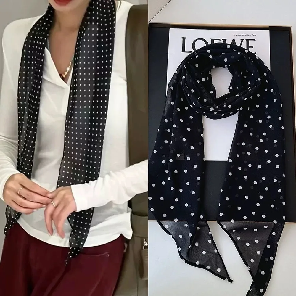 2025 headband accessory series brown scarf printed with polka dot silk scarf fashion Korean version long strip decoration new st image 4