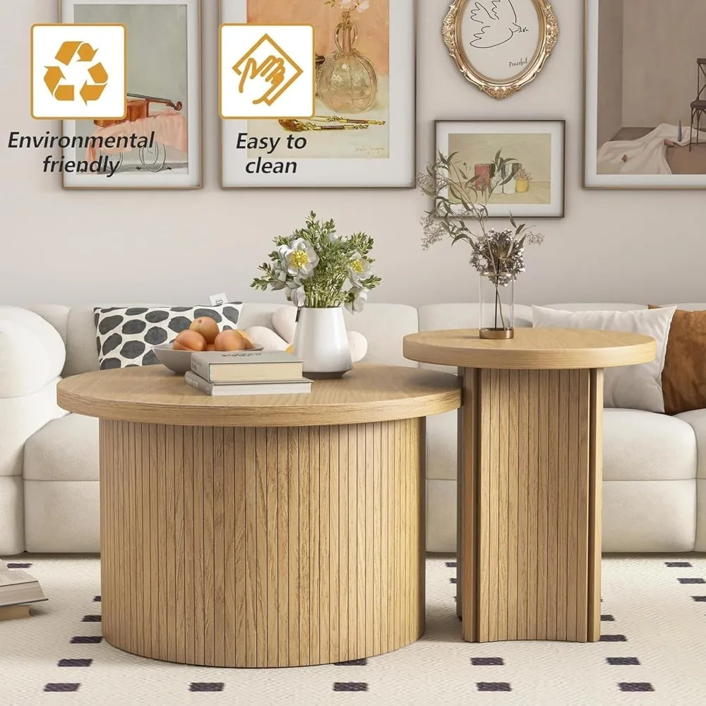 Farmhouse Style Round Wood Coffee Table Set for Living Room, Including 2 Nesting Tables and Small Sofa Tables