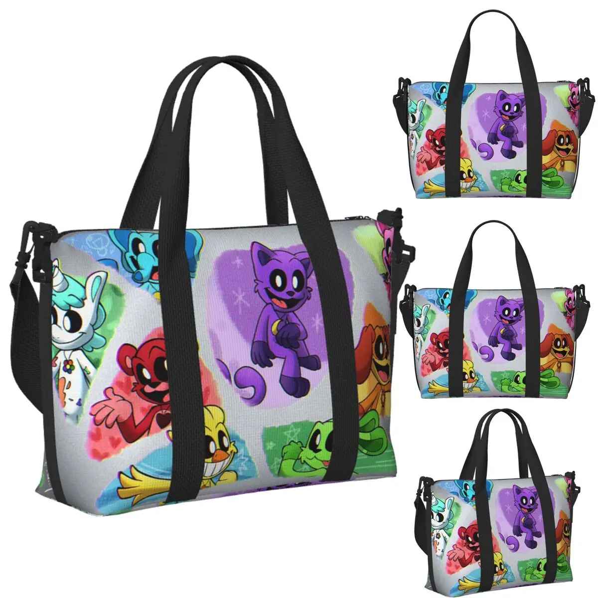 

Custom Smiling Critters Cartoon Game Beach Travel Bag Large Capacity Tote Bags for Gym Sport Women Shopping Duffle Shoulder Bag