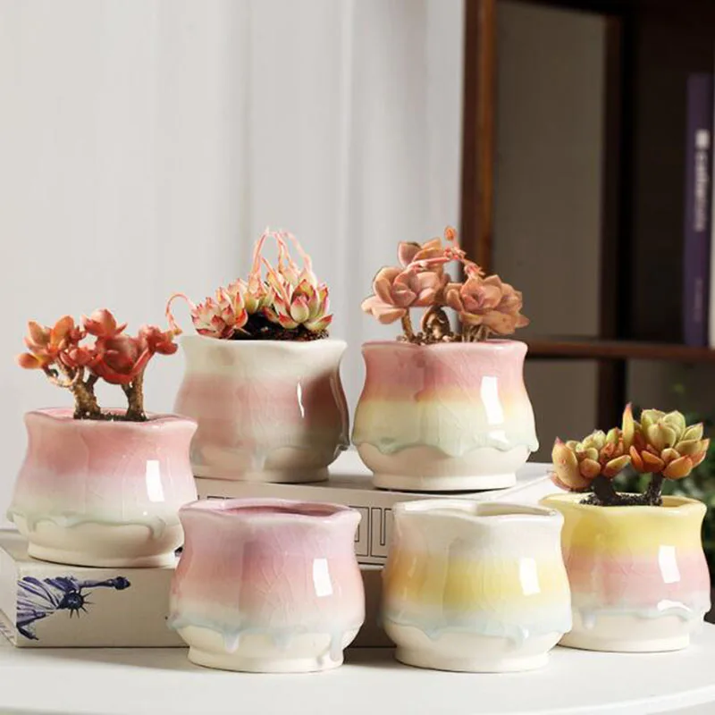 Gradient Ice Crack Glazed Ceramic Succulent Pot Round Belly Lace Flowerpot for Home Desktop Decor