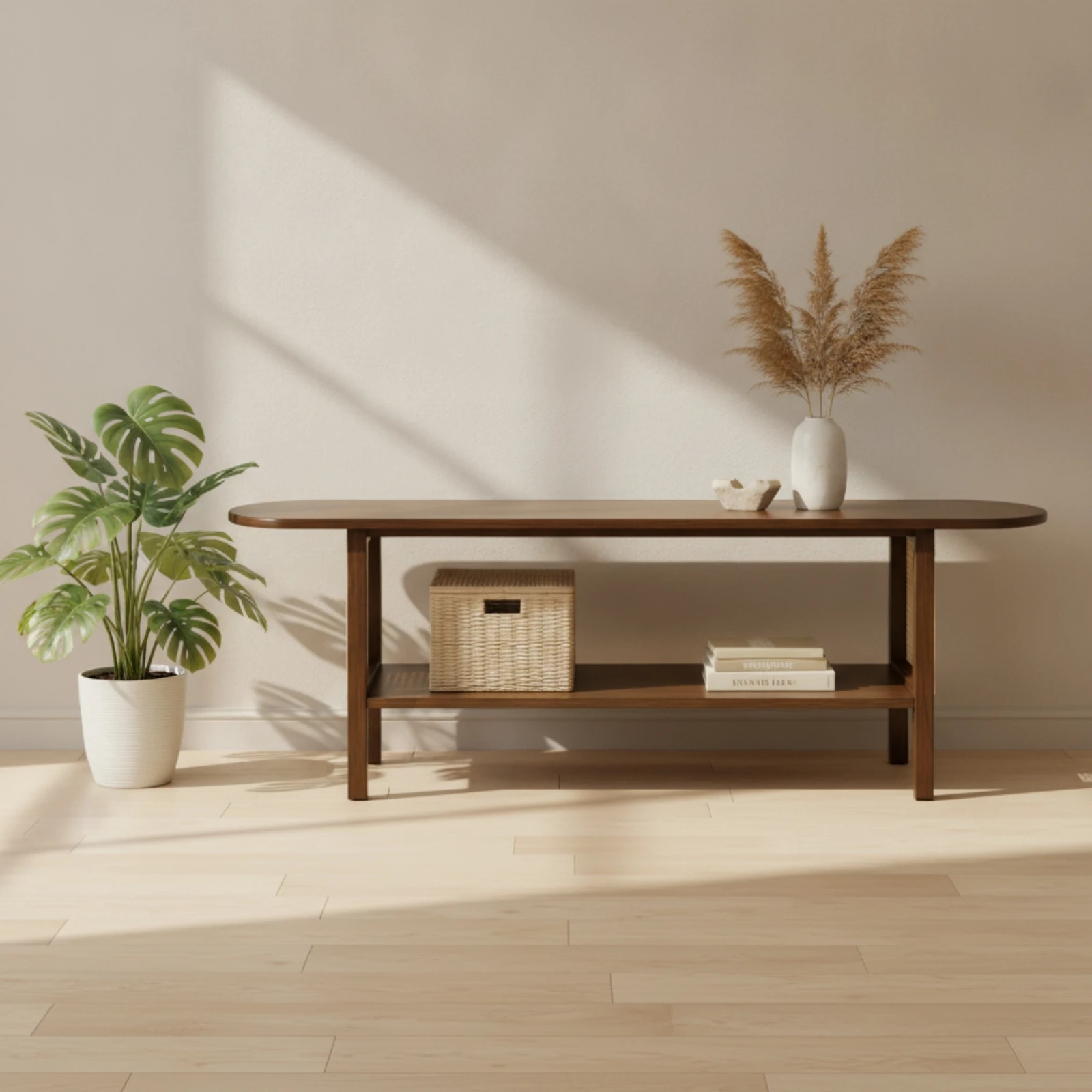 Bamboo TV Stand Rounded-Corner Bamboo TV Console Console Table with Shelf Slim Furniture Space-Saving for Living Room, Entryway