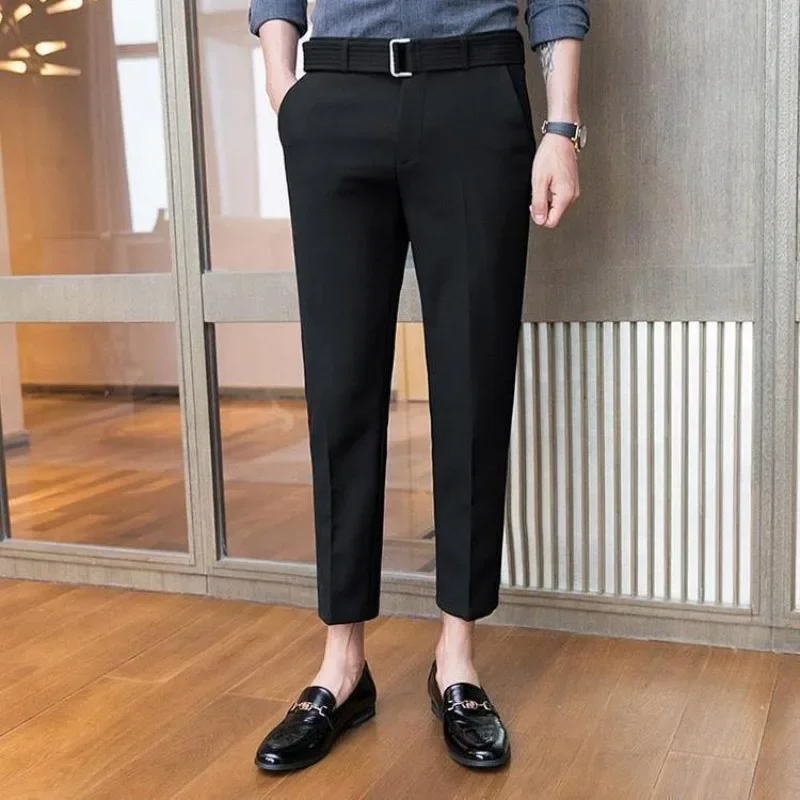 Baggy Slim Fit Office Fluid Work Tressed Draped Man Suits Pants 9 Cropped Stretch Elastic Elegant Formal New in Trousers for Men