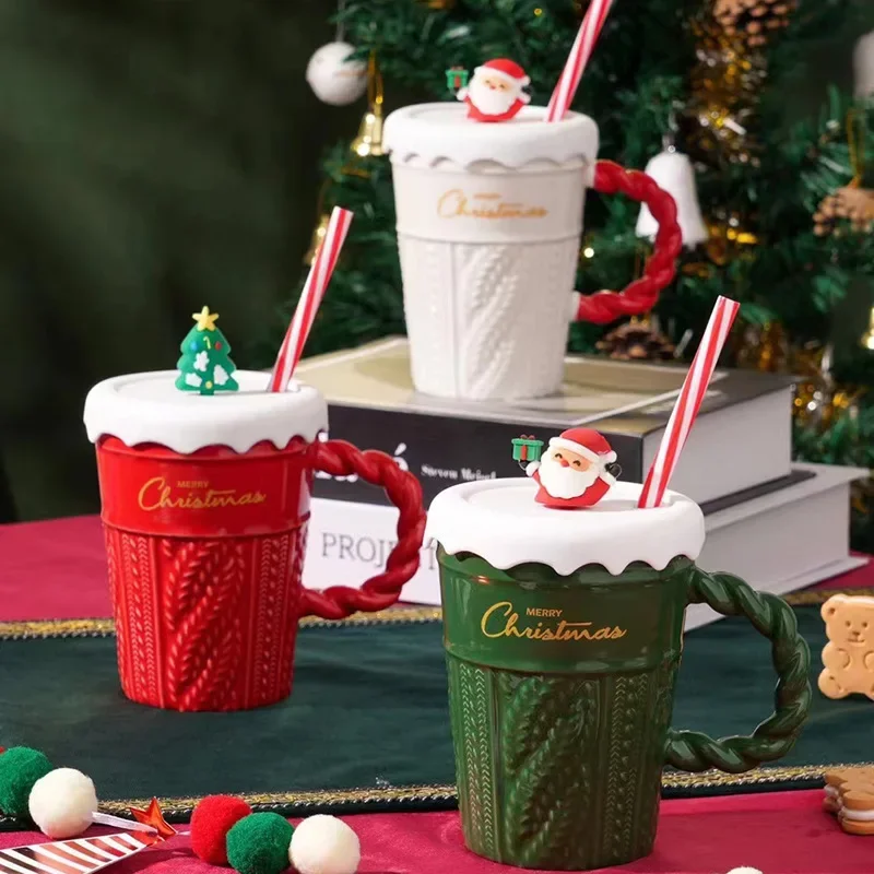 

Creative Christmas Tree Ceramic Mug with Lid And Straw High Value Sweater Design Couple Water Cup for Holiday Gifts