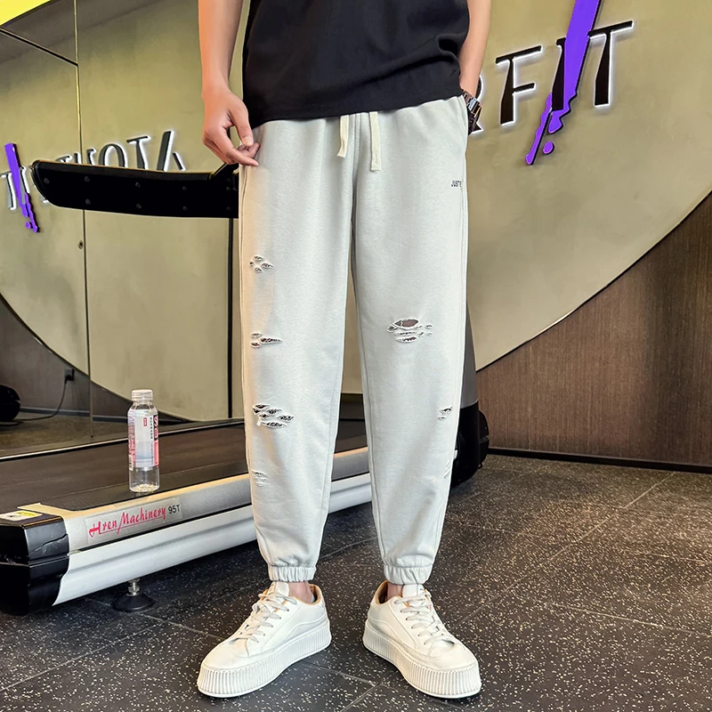 

Spring Summer Men's Ripped Hole Sweatpants Casual Thin Breathable Trousers Ankle-Length Elastic Waist Tapered Joggers Pant Man