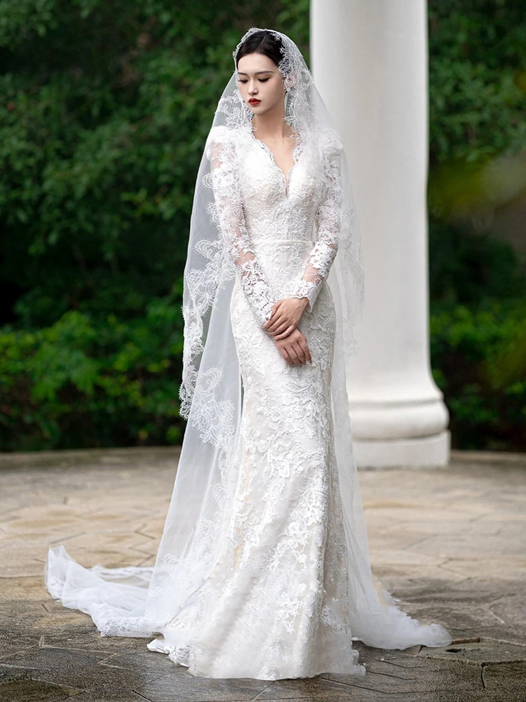 

Ele Long Sve V-Ne Lace Wedding Dr Fi Tail Gown for Bride out Door Autumn Winter Wedding Dr with Zipper