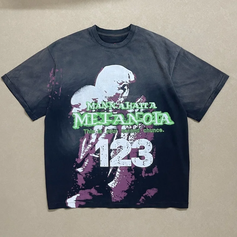

Men's American Vintage Washed T-shirt 123 Print Oversized Streetwear Cotton Tee