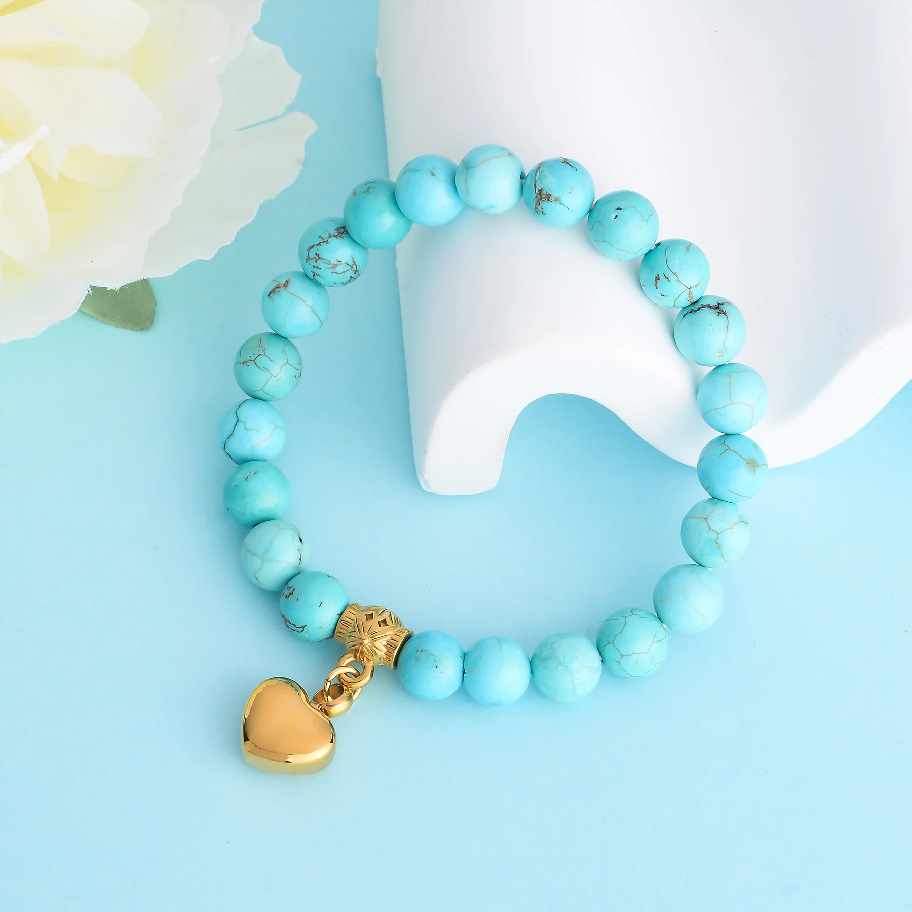 Herzförmiges Urnen-Armband aus Edelstahl mit türkisfarbenen Perlen, dehnbares Armband für Asche, Geschenk für Frauen – Detail 10