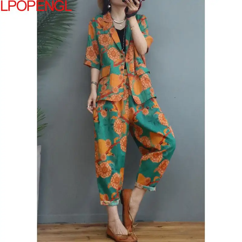 Spring And Summer Women\'s Ethnic Style Suit Retro Cotton And Linen Printing Single Breasted Coat Calf-length Pants Two-piece Set