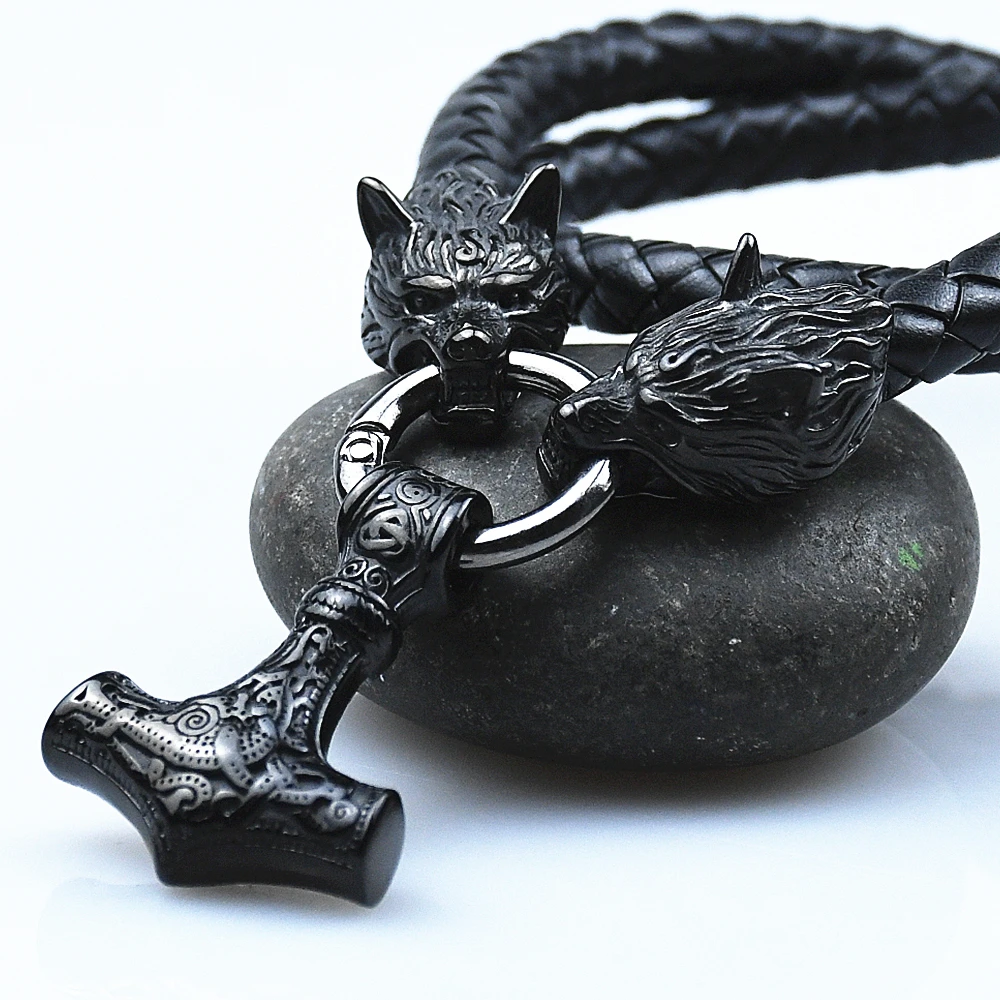 Stainless Steel Black Rune Wolf Head Chain With Thor's Hammer Mjolnir Anchor Pendant Viking Amulet Necklace Male Jewelry