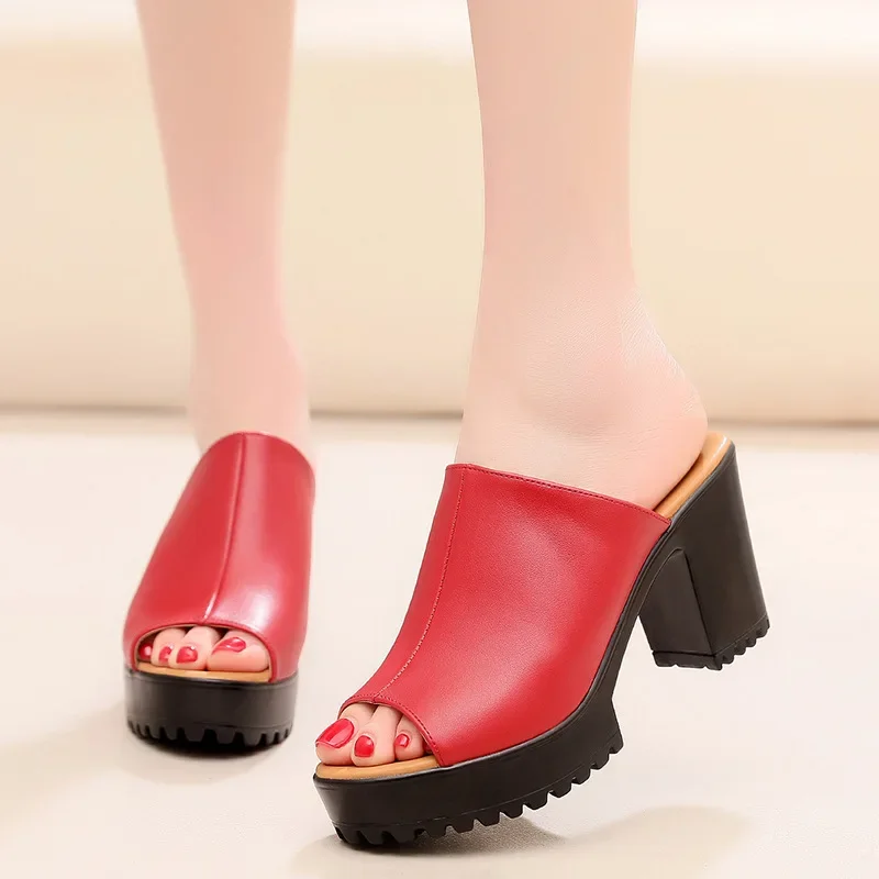 Sexy Small 33-43 Open Head Leather Slippers Women's Platform Shoes Summer 2024 Block High Heels Slides for Office Beach Mom