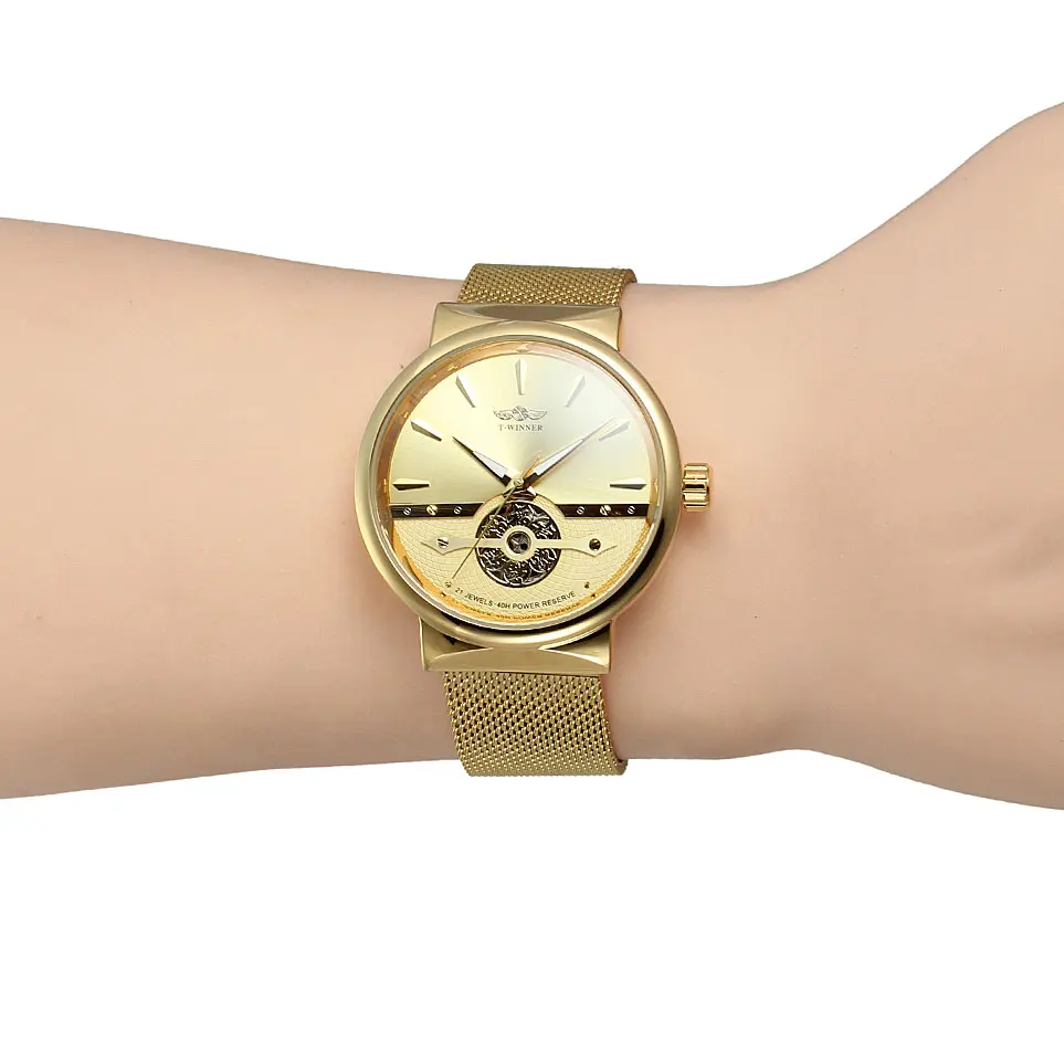 WINNER Original Luxury Elegant Men's Automatic Gold Wrist Watch Genuine Man Thin Mechanical Clockwork Stainless Steel Mesh Bands