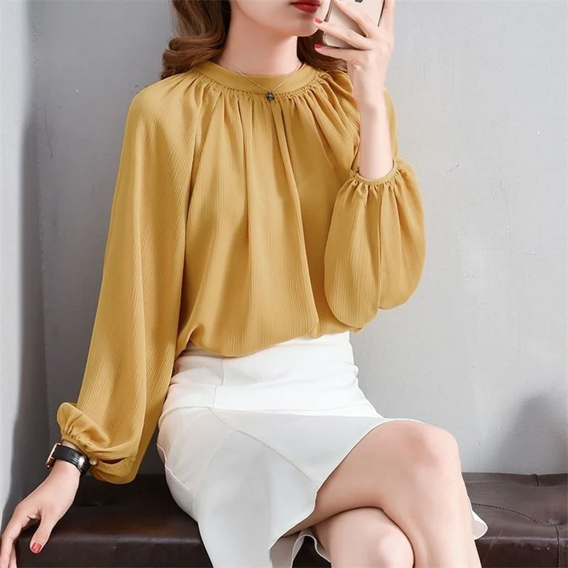 3XL Loose Women Spring Autumn Blouses Shirts Lady Fashion Casual Long Sleeve O-Neck Collar Yellow Clothing Blusas Tops G2564