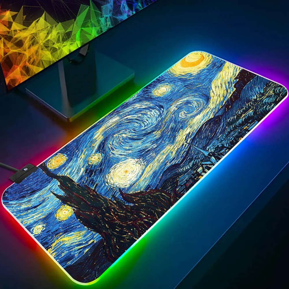 

Van Gogh Starry Sky Art RGB Pc Gamer Keyboard Mouse Pad Mousepad LED Glowing Mouse Mats Rubber Gaming Computer Mausepad