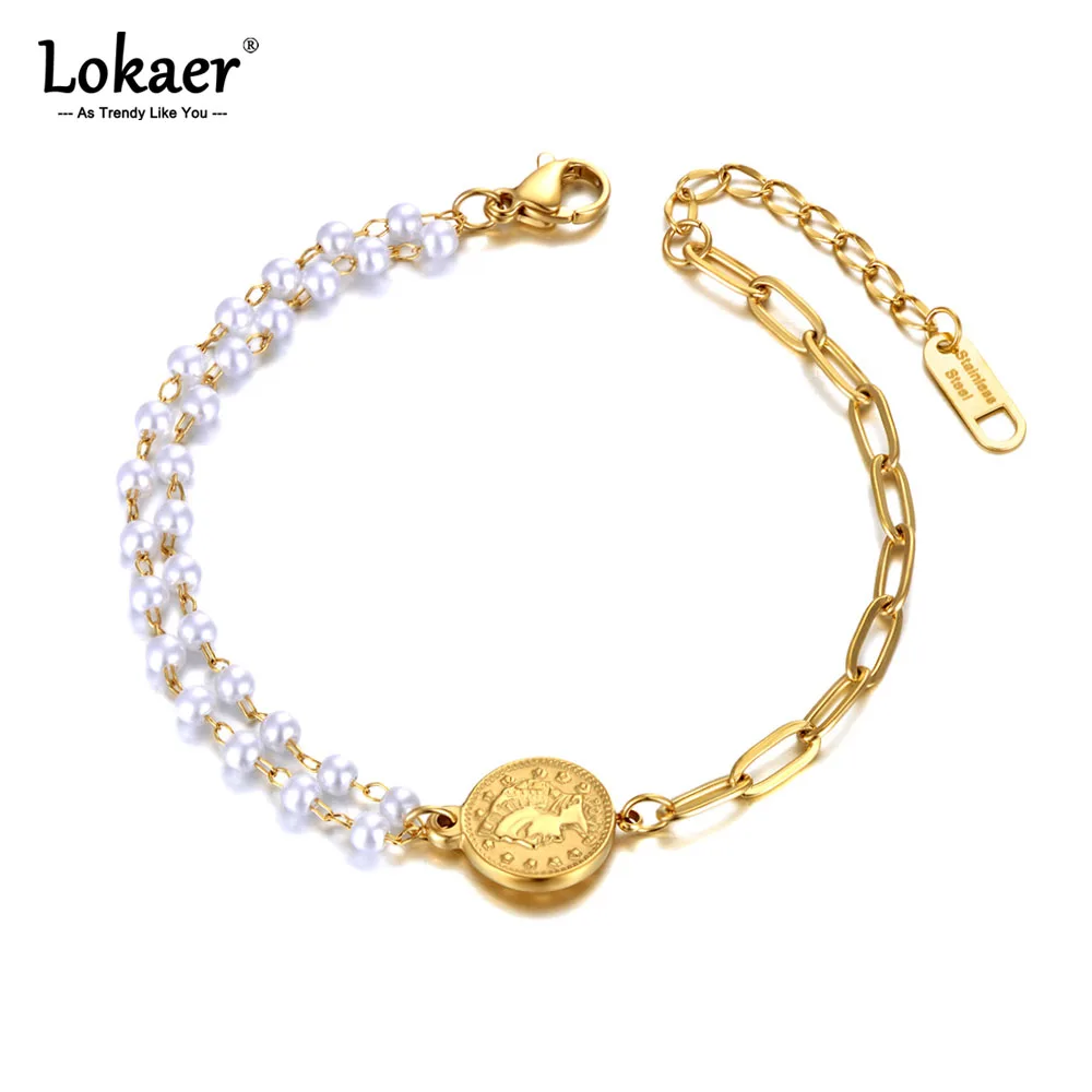 Lokaer Vintage Elizabeth Queen Coin Charm Bracelets For Women Stainless Steel Black Crystal & Pearl Chain & Link Jewelry B21030