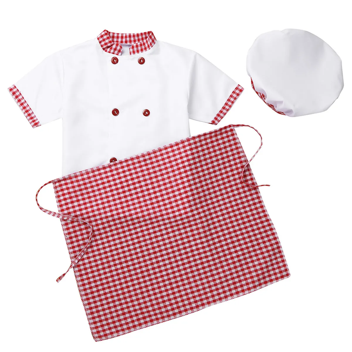 

Unisex Kids Boys Girls Chef Uniform Jacket with Apron Hat Kitchen Cook Cosplay Party Halloween Costume Set Roleplay Outfits