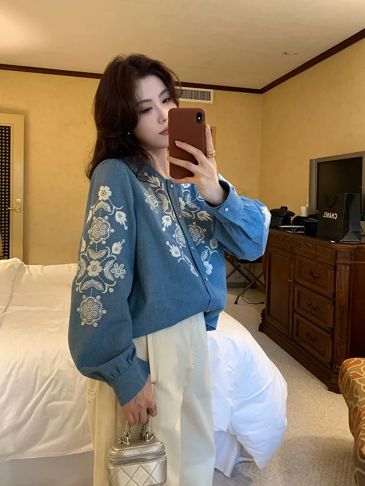 

NAZ Large Size Blue Embroidered irt Spring New Sle Casual Loose Fit Pure Cotton Long Sve Women's Faion Slimming Top