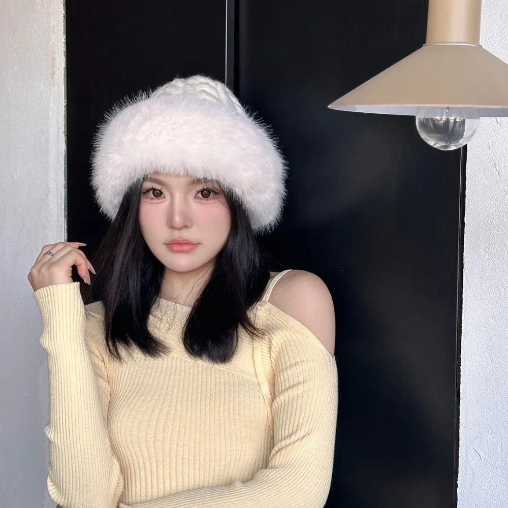 Elegant Korean Style Faux Fur Bucket Hat Thicken Keep Warm Plush Fisherman Hat Knitted Twists Winter Women Hat Outdoor