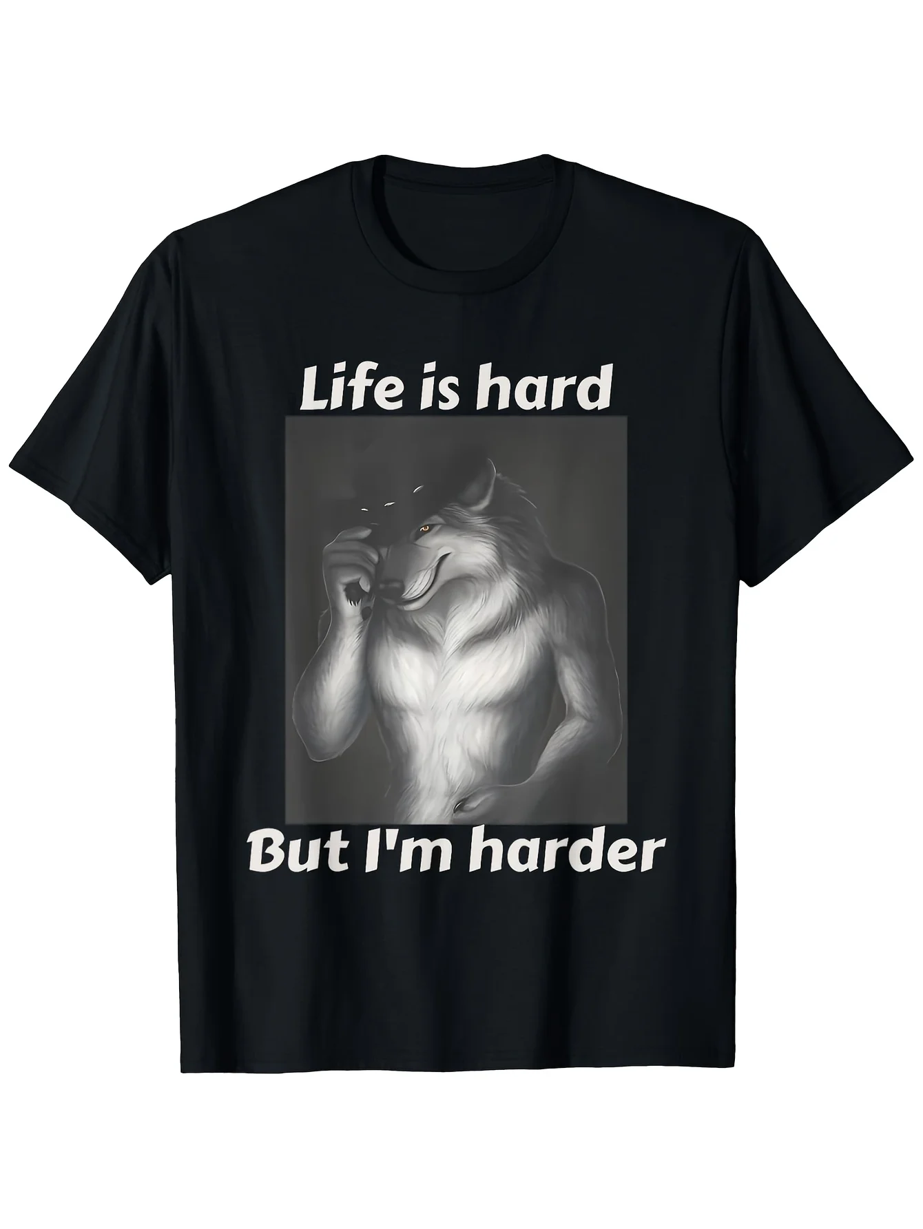 2026 Men'S Fun Wolf Pattern-Shirt-Life Is But I Am Print, Short Sleeve, Casual Style, Black& White Letters, Washable, Fashion Al