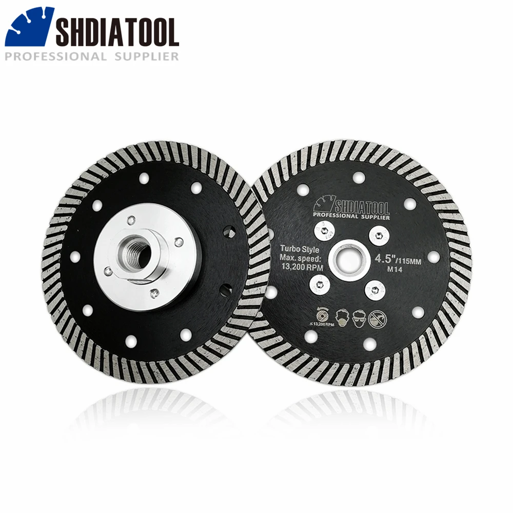 Shdiatool 2 peças 105/115/125mm diamante estreito turbo lâmina de serra m14 flange disco de corte granito mármore concreto alvenaria placa de corte