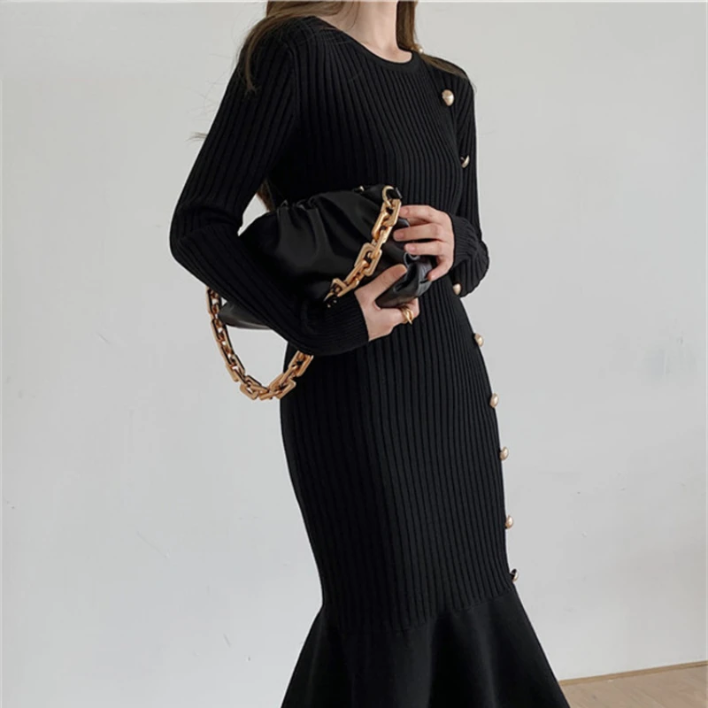 Aotvotee Knitting Long Dress for Women Autumn Winter 2023 Fashion Long Sleeve O Neck Vintage DressSolid Solid Slim Mermaid Dress