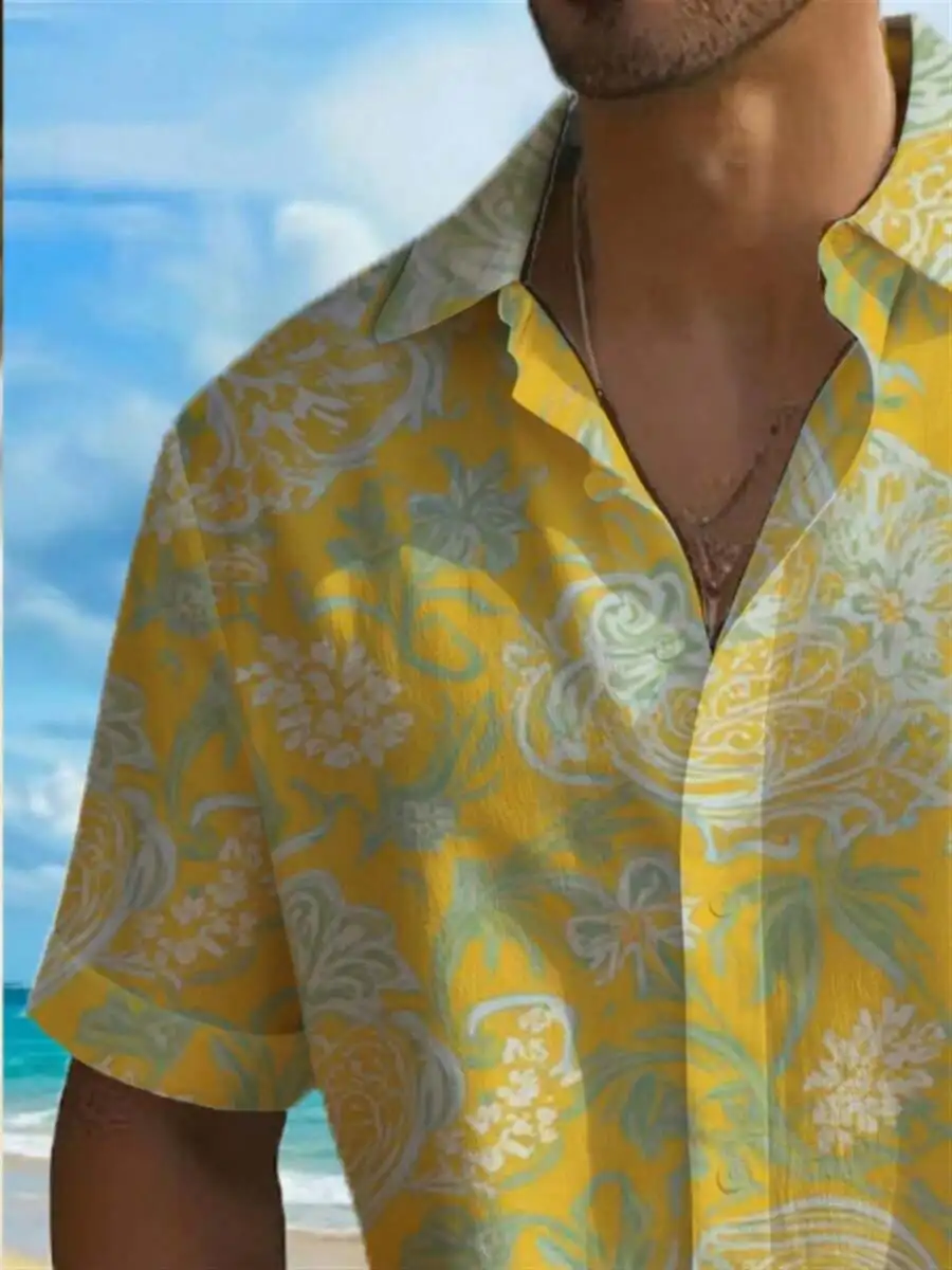 

Mens Yellow Hawaiian Shirt With Floral Tropical Print Casual Short Sleeve