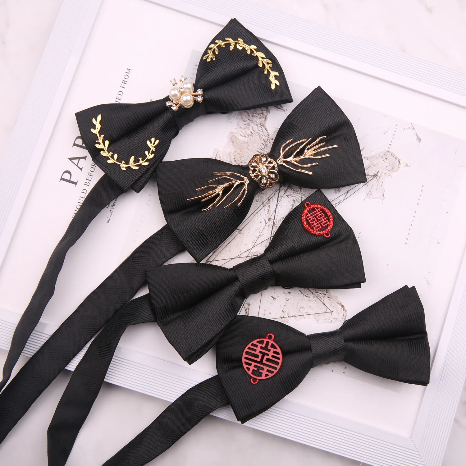 Bow tie for groom\'s wedding, personalized decoration for stage, wine red, black, happy letter, blue inlaid design