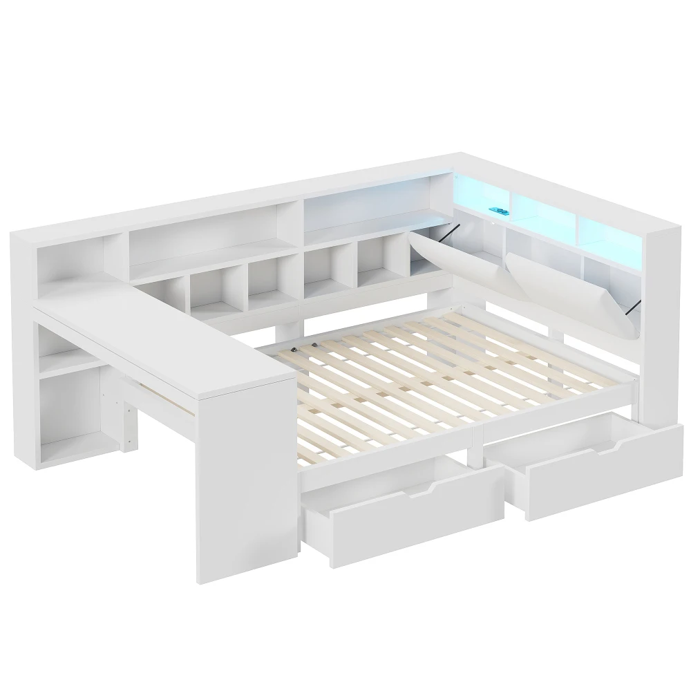 90x200 L-förmiges Plattformbett aus Holz mit Schreibtisch und Bücherregal, Eckkapitänsbett mit gepolstertem Kopfteil, Schubladen, LED-Licht – Detail 30