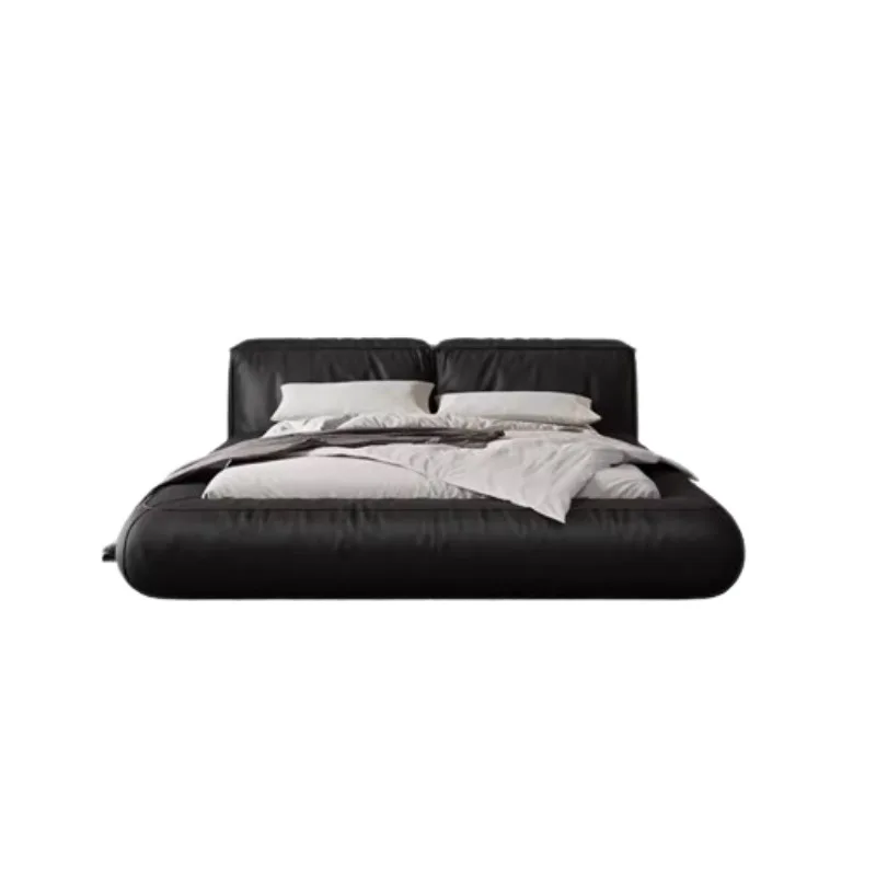 Italian style leather double bed modern and simple Nordic top layer cowhide tatami black air pressure bed