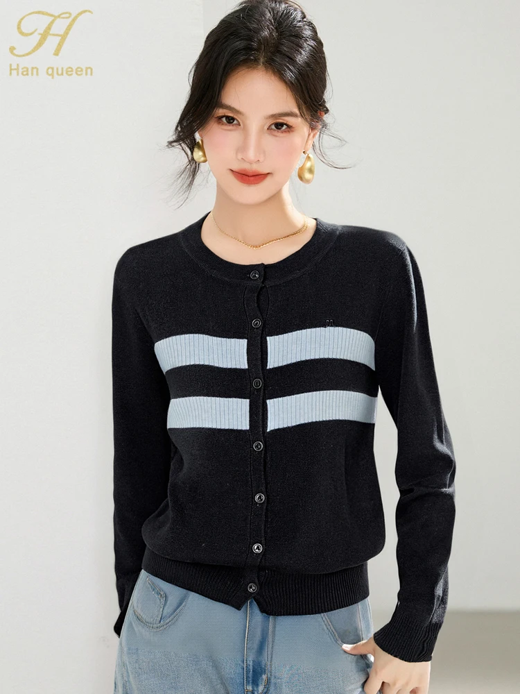 

H Han Queen Autumn Winter Cardigan Woman Stripe Korean Cardigan Color Block Long Sleeve Vintage Casual Sweaters Simple Knitwear